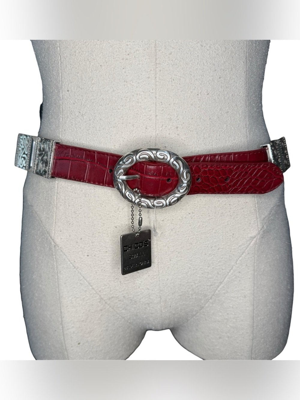 Chico's Red Croc-Texture Zebra Belt with Ornate Silver Oval Buckle Western Boho